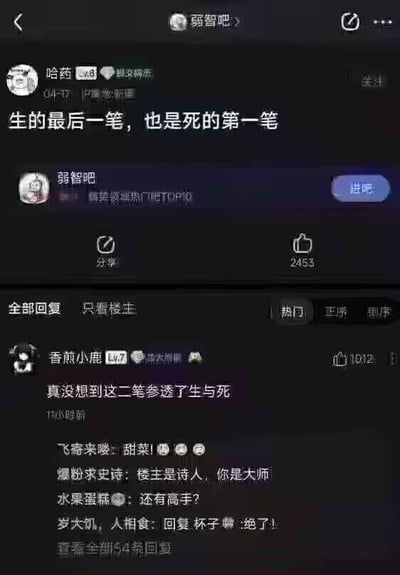 这是一张社交媒体截图，内容来自论坛“弱智吧”。用户“哈药”发布了一条帖子，文字内容为“生的最后一笔，也是死的第一笔”，引发网友讨论。帖子下方显示有2453个点赞，热门评论区中用户“香煎小鹿”回复“真没想到这二笔参透了生与死”，以幽默方式调侃“生”和“死”二字的笔画关联。其他评论如“楼主是诗人，你是大师”等进一步互动，整体呈现出论坛用户对文字游戏和生死话题的趣味探讨。