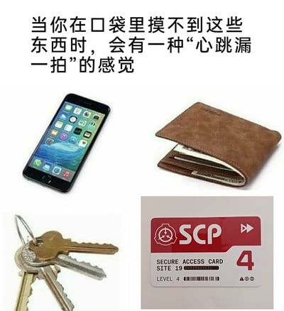 这是一张结合日常与亚文化玩梗的趣味图文，上方配文“当你在口袋里摸不到这些东西时，会有一种‘心跳漏一拍’的感觉”，下方展示了四样物品：手机、钱包、钥匙是现实生活中人们随身携带的重要物品，一旦找不到会立刻引发焦虑；第四样是SCP世界观里的4级门禁卡，这是针对SCP爱好者的玩梗内容，在SCP设定里该门禁卡代表高等级的站点访问权限，将现实里的日常焦虑与SCP的特殊设定结合，制造出反差感与趣味，精准戳中不同群体的共鸣点。