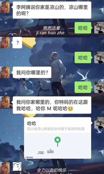 这是一张微信聊天记录截图，背景为动漫风格壁纸，内容是一场巧合引发的搞笑聊天乌龙：询问者得知对方老家在四川凉山，于是追问具体是凉山哪个位置，被询问者发送位置分享后，微信气泡仅显示出位置名称的前缀“哈哈”，连续三次都只显示“哈哈”，询问者误以为对方故意敷衍不回答，因此生气发怒说出脏话，最后露出完整内容才发现，该位置的完整名称就是“哈哈 四川省凉山彝族自治州冕宁县高阳街道”，这只是一场巧合引发的误会，内容十分有戏剧性。