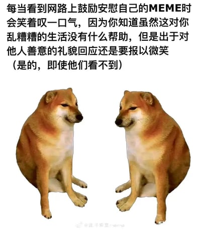 这是一张图文混排的改编meme图，上方配有一段精准描述当代人情绪的文字：每当看到网络上鼓励安慰自己的MEME时会笑着叹一口气，因为清楚这类内容无法改变自己乱糟糟的生活，但出于对他人善意的礼貌，还是会报以微笑，哪怕对方看不到。图片主体是两只经过修改的Doge柴犬（源自经典柴犬Kabosu的表情包），它们面对面端坐着，脸上带着勉强、无奈的微笑，眼神低垂，神态疲惫，完美呼应了文字所表达的那种在情绪内耗与维持礼貌之间拉扯的复杂心境，精准戳中了当代人在面对无效安慰时的真实状态。