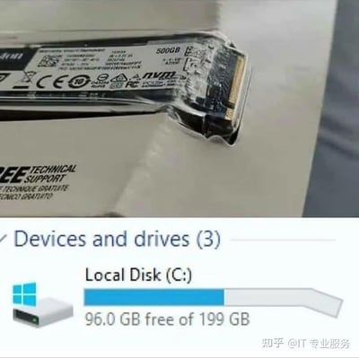 图片上半部分是一个500GB的SSD固态硬盘特写，标签上可见"500GB"、"NVMe"等字样，包装已被拆开；下半部分是Windows系统的"设备和驱动器"界面截图，显示本地磁盘(C:)总容量199GB，仅剩96.0GB可用空间。整体通过上下对比的方式，直观呈现了新SSD的大容量与当前系统盘空间不足的矛盾。