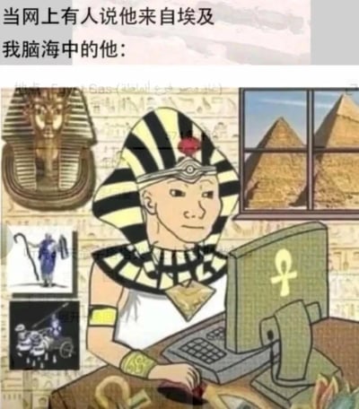 这是一张充满趣味的网络梗图，顶部配文“当网上有人说他来自埃及
我脑海中的他:”，用夸张的方式呈现人们听到“来自埃及”时的刻板印象脑补。画面主体是身着古埃及法老服饰的卡通人物，正坐在桌前操作带有古埃及安卡符号的电脑；窗外是标志性的埃及金字塔，背景墙布满古埃及象形文字，周围还搭配了图坦卡蒙面具、古埃及神祇形象、战车等经典古埃及元素，将现代上网场景与古老的埃及文化元素荒诞结合，制造出强烈的反差感，充满搞笑效果。