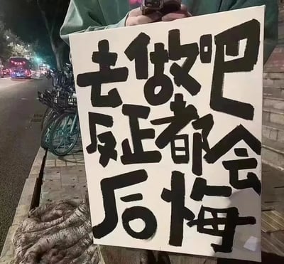 这是一张夜晚城市街头的实拍静态图，画面中一位真人仅露出上半身，双手持着一块白色画板，画板上用随性粗犷的黑色毛笔字体写着“去做吧 反正都会后悔”。背景里能看到街边停放的共享单车、马路以及远处行驶的车辆，整体场景充满生活化的烟火气。这句文案带着一种洒脱又略带戏谑的情绪，传递出不必过度纠结选择，大胆行动的生活态度，戳中了很多人在面临选择时的纠结心态，引发情绪共鸣。