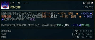 这是MOBA游戏《英雄联盟》中英雄斯莫德的终极技能（R技能）「妈----!」的详情面板截图，展示了该技能的核心效果：斯莫德呼叫自己的母亲（龙）从天空喷吐烈焰，对范围内敌人造成物理伤害，中心区域敌人会受到更高伤害并被减速；若技能命中斯莫德本人，还会为其回复生命值。面板同时标注了技能的冷却时间、法力消耗，以及不同等级对应的伤害和治疗数值。技能名称用拉长的「妈----!」呈现，搭配龙类亲属支援的设定，充满趣味反差感。
