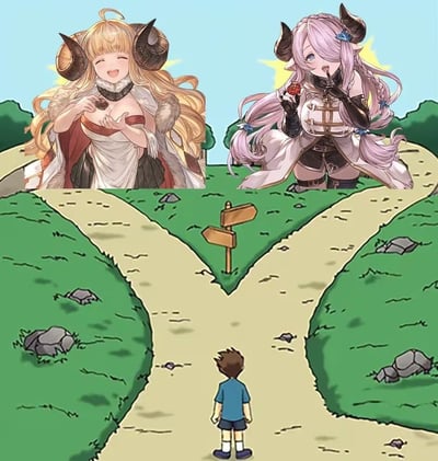 插画描绘了一个男孩站在十字路口，面临两条道路的选择。左边道路上是一位金发角娘，笑容灿烂，双手捧着物品；右边道路上是一位粉发角娘，姿态诱惑，手指轻触唇边。整个场景采用奇幻风格，背景是绿色草地和蓝色天空，营造出童话般的选择困境氛围。