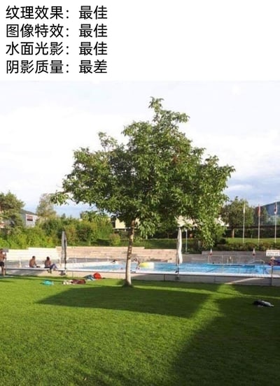 这是一张结合视觉错位与游戏玩梗的搞笑图片。画面呈现户外泳池场景，前景处一棵枝叶茂密的树木，其地面投影却是规整的方形，与树木本身轮廓完全不匹配，形成有趣的视觉错位效果。图片上方配有模仿游戏画质设置的文字：“纹理效果：最佳，图像特效：最佳，水面光影：最佳，阴影质量：最差”，用游戏画质分类调侃这个违背现实逻辑的阴影，将现实视觉错位类比为游戏中为性能降低阴影精度的优化操作，制造出反差感十足的搞笑效果，精准戳中游戏玩家对画质设置的共鸣。