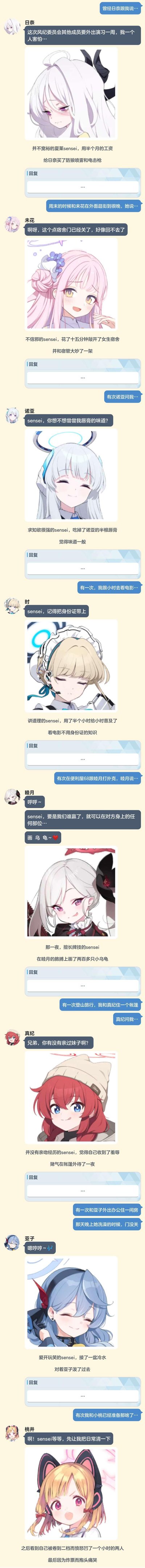 这是一组以手游《蔚蓝档案》中的角色日奈、未花、诺亚、小时、睦月、真纪、亚子、桃和主角sensei为原型的搞笑段子图文，用聊天记录的形式展现了sensei的一系列“直男操作”：给怕独处的日奈买防身用品，帮晚归的未花硬闯女生宿舍被骂，把诺亚的唇膏直接吃掉，给小时科普看电影不用带身份证，和睦月打赌输了在她胳膊上画满乌龟，被真纪问初吻后在帐篷外住了一夜，被亚子恶作剧后泼冷水，和桃准备睡觉被打断后气得头痛。每段故事都用角色图+文字的形式呈现，充满反差感和笑点。