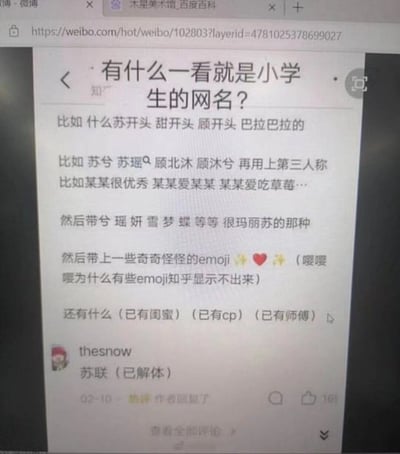 这张图是来自微博的热门讨论截图，内容调侃了小学生常见的昵称/网名风格，比如喜欢用“苏开头”、“甜开头”、“巴拉巴拉的”，还有各种名字堆叠、加可爱emoji、玛丽苏式的取名方式，并以网友评论“苏联（已解体）”制造幽默反转效果。整体风格轻松，表现网络对小学生起昵称特征的吐槽和调侃。

图片结尾的“苏联（已解体）”包含冷幽默和知识梗，有种意外的反差，无明显的双关或暗示。
