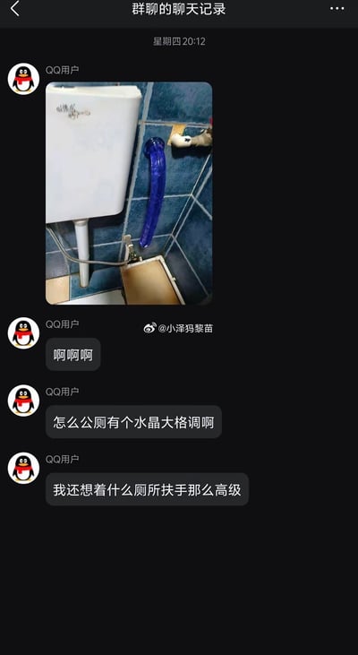 这是一张QQ群聊的聊天记录截图，顶部标注“群聊的聊天记录”，显示消息发送时间为星期四20:12。匿名QQ用户首先发送了一张公厕角落的实拍图，图中蹲厕水箱旁蓝色瓷砖墙面上露出一根蓝色半透明的长条形水管，随后该用户连发三条消息讲述自己的乌龙经历：先是感叹“啊啊啊”，接着说“怎么公厕有个水晶大格调啊”，最后说“我还想着什么厕所扶手那么高级”，内容是用户错把外露的蓝色水管当成了公厕安装的高级水晶扶手，闹出了乌龙笑话，图片带有微博水印@小泽犸黎苗。