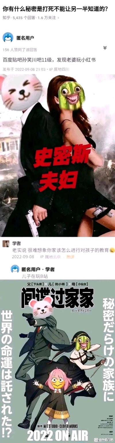 这是知乎「你有什么秘密是打死不能让另一半知道的？」问题下的趣味回答，来自四川的匿名用户称自己是百度贴吧孙笑川吧11级成员，而妻子是小红书用户，利用P图将《史密斯夫妇》的海报头部替换为代表贴吧的猫脸表情包和代表小红书的绿脸表情包，配文「史密斯夫妇」，玩两个网络社区用户圈层对立的梗；随后有北京IP的用户热评调侃孩子的教育问题，该匿名用户回复称儿子玩B站，紧接着又出现改编自《间谍过家家》的梗图，将一家三口分别替换为猫脸、绿脸、小黄脸表情包，配文「间谍过家家」，把家庭成员分属三个不同网络社区的设定，结合动画「隐藏身份」的核心设定，呼应问题中「不能让另一半知道的秘密」，制造出圈层对立下的家庭趣味笑点。