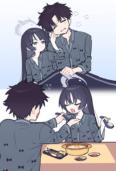 这是游戏《蔚蓝档案》的同人二创连环漫画，分为上下两个温馨场景：上方画面中，身着同款带蝴蝶结图案睡衣的调月莉音，伸手戳着老师的脸颊，老师皱起眉头露出无奈的神情；下方画面里，老师正用勺子喂张着嘴的莉音进食，却发现莉音自己的手里也拿着盛有食物的勺子，老师因此露出疑惑的表情，整体画面充满了日常的甜蜜感与小趣味。