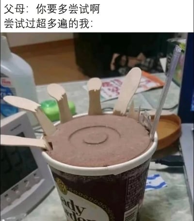 这张梗图采用顶配底文的图文混排形式，顶部文字分为两行，第一行是「父母：你要多尝试啊」，第二行是「尝试过超多遍的我：」，下方的实拍图展示了一桶表面冻得很硬的冰淇淋，冰淇淋表面插了多根前端被咬坏的木质冰勺，还有一根吸管，用这种已经反复尝试挖冰淇淋都失败的场景，诙谐地对应了文字内容，吐槽长辈不了解实际困难，只会笼统劝说他人要多尝试的情况，很能引发大众尤其是年轻人的共鸣。