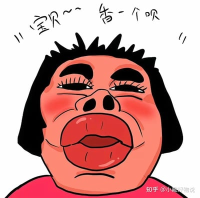 这是一张网络流行的夸张手绘头像表情包。画面中的人物五官极度夸张，嘴唇被放大至不合常理，鼻孔外翻且红着脸，抬头闭眼，做出嘟嘴想要亲吻的表情，具有强烈的喜剧和土味气质。顶部有手写体“宝贝~~ 亲一个呗”字样。这个表情包常用于网络聊天中表达撒娇、暧昧、卖萌、搞笑等情感，非常具有调侃色彩和网络文化的气息。

## 双关/暗示
“亲一个”用作亲密打趣或网络撒娇，结合夸张表情有戏谑、土味情书的意味。