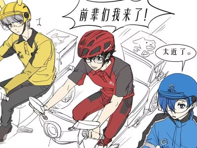 这是一张《女神异闻录5》的同人二次创作插画，将游戏中的三位核心角色雨宫莲、明智吾郎、喜多川祐介分别对应为京东、美团、饿了么的外卖骑手。中间的京东骑手雨宫莲兴奋地大喊“前辈们我来了！”，骑车贴得非常近，左边的美团骑手明智吾郎一脸无奈，身体微微后倾，右边的饿了么骑手喜多川祐介则吐槽“太近了。”，既还原了角色本身的性格特质，又用现实中外卖骑手的日常场景玩梗，充满轻松搞笑的氛围。