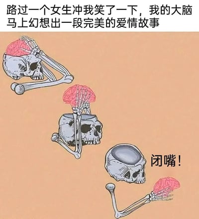 图片上方配有文字“路过一个女生冲我笑了一下，我的大脑马上幻想出一段完美的爱情故事”，下方是三个卡通风格的骷髅头插图：前两个骷髅头顶部有粉色大脑，由骨骼手托着，象征大脑正在进行丰富的幻想；第三个骷髅头内部为空，其粉色大脑被骨骼手拎在旁边，旁边配有文字“闭嘴!”，整体以幽默夸张的方式展现了面对异性微笑时大脑过度脑补的有趣场景。