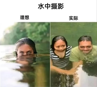 这是一张左右对比的搞笑梗图，主题为水中摄影的理想与现实。左侧理想画面中，一位女性仅露出眼睛及以上部分在水面，水面波纹与人物冷峻深邃的神态营造出神秘、富有氛围感的大片效果；右侧实际画面里，一男一女身处浅水中，姿态普通，表情略显滑稽，与理想中的精致摄影效果形成强烈反差。整张图通过这种接地气的现实场景与理想场景的对比，调侃了生活中想要复刻精致摄影场景却翻车的经历，充满了搞笑的反差感。