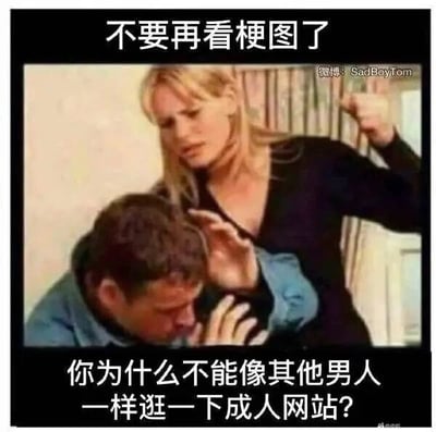 这是一张经过P图改编的顶配底文静态梗图，画面主体是一男一女两个真人角色，女性面露不满，抬起一只手做出类似指责的动作，男性则低着头蜷缩着，神情低落沮丧。图的上方配有文字“不要再看梗图了”，下方配有文字“你为什么不能像其他男人一样逛一下成人网站？”，通过反常规的吐槽制造强烈的反差幽默——通常在大众认知中，逛成人网站是会被诟病、指责的行为，但这张图里却完全反过来，指责男性沉迷看梗图，反而希望他去做一般会被负面看待的事，打破了人们的固有预期，以此营造出荒诞搞笑的效果。