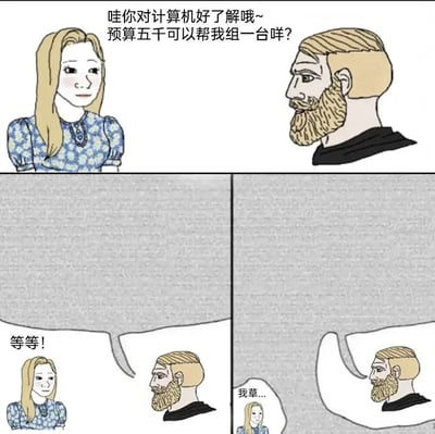这是一张四格漫画形式的梗图，描绘了一个关于电脑组装的搞笑场景。第一格中，一位金发女性穿着蓝色花纹上衣，微笑着对一位金发胡子男性说："哇你对计算机好了解哦~ 预算五千可以帮我组一台咩?"。第二格显示男性震惊地思考，说"等等!"。第四格中男性崩溃地说出"我草..."，表现出面对5000元预算组装电脑的无奈和震惊。