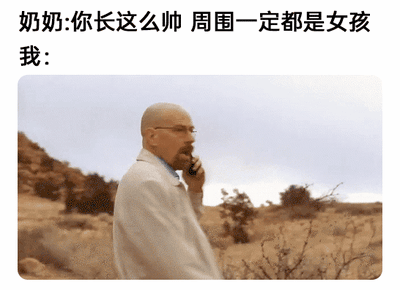 这是一张图文混排的动态梗图，上方是一段对话，奶奶对着“我”说道：“你长这么帅 周围一定都是女孩”，下方搭配的是美剧《绝命毒师》的动态GIF截图，图中主角沃尔特·怀特身处荒凉的荒漠中，手持手机打电话，神情落寞孤单。该梗图通过文字与画面的强烈反差，以自嘲的方式表达了“我”虽然被他人夸赞帅气，但实际身边并没有女孩陪伴，反而处境孤独的无奈情绪，用影视角色的孤独场景来具象化这种心境，形成幽默的反差效果。