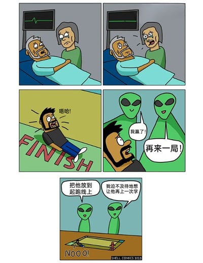 这是一则连环卡通漫画，采用黑色幽默的脑洞设定展开故事：第一格中，一位老年男性躺在病床上，心电监护仪显示生命体征仍在波动，身旁的老年女性面露悲伤；第二格，心电监护仪变成直线，老人宣告死亡，老年女性崩溃大哭；第三格，一个大胡子男性（即老人的灵魂）冲过印有“FINISH”字样的终点线，兴奋大喊“唔哈！”；第四格，两个绿色外星人出现在他身旁，其中一个得意地说“我赢了！”，另一个则兴奋提议“再来一局！”；第五格，两个外星人将大胡子男性放置在类似跑道的起点处，一个说“把他放起到跑线上”，另一个则期待地表示“我迫不及待地想让他再上一次学”，而大胡子男性则惊恐地大喊“NOOO!”。漫画将人类的死亡与转世上学设定为外星人操控的赛跑游戏，用荒诞的场景讽刺了人生如同一场被外界操控的竞赛，即便死亡也无法逃脱这种循环，充满了黑色幽默与脑洞创意。