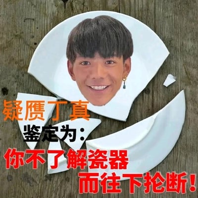 这是一张经过P图改编的网络趣味梗图，画面背景是放置在木质表面上的碎裂白色瓷器，创作者将丁真的头像合成在瓷器的残留主体部分上。图中运用了谐音梗，“疑赝丁真”谐音“疑似赝品”，同时结合网络上广为流传的“鉴定为”句式，搭配文字“鉴定为：你不了解瓷器而往下抡断！”，以幽默戏谑的方式调侃那些不具备相关专业知识就贸然采取行动的行为，属于对热点公众人物丁真形象的二次创作玩梗作品。