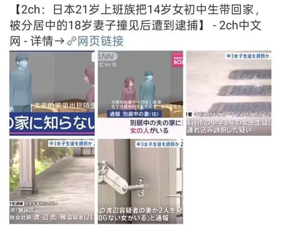 图片为一则社会新闻的多图拼接截图，主要内容为报道日本一起社会事件：21岁上班族将14岁女初中生带回家中，被分居中的18岁妻子发现后报警，最终导致该男子被逮捕。上方配有事件标题和来源网站信息，下方包含四张相关图片，分别为：1. 3D人物模型展示两人对话场景，配文“丈夫的家里出现陌生”；2. 另一张3D人物模型图，显示“别居中的妻(18岁)报警”等文字；3. 住宅外景照片；4. 门闩特写照片，均带有日文说明文字。