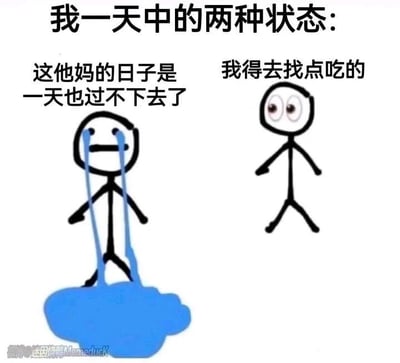 这是一张左右对比的静态图文梗图，以两个风格简单的简笔画小人，生动展现了当代人一天中常见的两种极端情绪状态。左侧的小人双眼涌出大量泪水，泪水在脚边汇聚成一滩，搭配文字“这他妈的日子是一天也过不下去了”，将对生活感到崩溃、绝望的负面情绪拉到极致；右侧的小人则圆睁双眼，神态兴奋雀跃，配文“我得去找点吃的”，瞬间切换到被食欲支配、充满行动力的积极状态。图中没有双关或谐音梗，而是通过强烈的情绪反差，精准戳中了很多人在日常中一边陷入精神内耗、情绪崩溃，一边又能被美食轻易治愈的真实体验，引发大众的生活共鸣。
