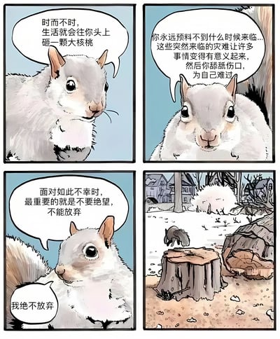 这是一幅四格漫画，主角是一只白色松鼠，通过拟人化的方式讲述人生哲理。漫画以"生活就像砸核桃"为比喻，表达了面对突如其来的困难和挫折时，不应绝望放弃，而要坚持下去的积极态度。画面采用温馨的手绘风格，最后一格展示了松鼠站在树桩上眺望远方的场景，象征着在困境中依然保持希望。