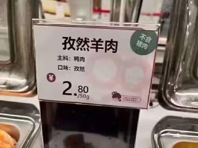 这是一张线下熟食柜台的价签实拍图，价签顶部显眼位置标注商品名称为“孜然羊肉”，但下方却清晰写明主料为鸭肉，同时右上角带有绿色圆形标识标注“不含猪肉”，价格为2.80元/50g。价签右下角还有一个卡通小女孩的图案。该价签存在明显的名实不符情况，以羊肉的名称售卖鸭肉制成的熟食，形成了讽刺性的吐槽点。