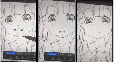 这是由三张平板绘图软件操作截图拼接而成的内容，展示了创作者的趣味绘画技巧：先截取真实人脸的嘴巴部分，接着使用软件的自由变换工具调整该嘴巴素材的大小、形态与位置，最终将其完美贴合到手绘的日系动漫风格女生线稿的脸部，完成嘴巴的绘制，清晰呈现了图像编辑补全手绘细节的完整步骤。