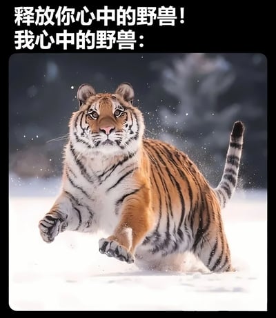 这是一张幽默梗图，上方文字写着"释放你心中的野兽！我心中的野兽："，下方是一张老虎在雪地中跳跃的照片。图片通过将"心中的野兽"这一抽象概念具象化为威猛的老虎，形成了一种符合预期的幽默效果。老虎姿态矫健，眼神锐利，背景中的雪花增强了画面的动感和力量感。