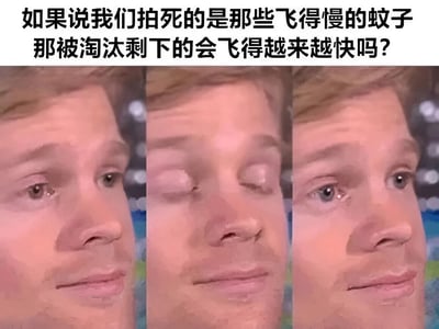 图片上方有一段文字：'如果说我们拍死的是那些飞得慢的蚊子 那被淘汰剩下的会飞得越来越快吗？'，下方是三张同一人的面部特写照片拼接而成，表情从左到右依次为：正常注视、闭眼沉思、再次睁眼思考，通过表情变化展现对蚊子进化问题的深度思考过程。