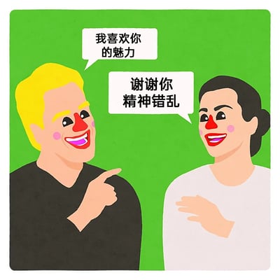 这是一张风格化的卡通插画，背景为纯绿色，画面中有两个画着夸张小丑妆容的人物：左侧黄发黑衣的人物，手指指向右侧，脸上带着大笑的表情，说出“我喜欢你的魅力”；右侧黑发白衣的人物，手放在自己胸前，同样大笑着回怼“谢谢你精神错乱”。通过这种错位的赞美与攻击性回怼形成强烈反差，结合荒诞的小丑形象，制造出无厘头的幽默效果，整体画风搞怪荒诞，充满戏谑感。