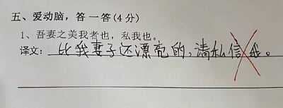 图片是一张语文试卷的题目，要求翻译“吾妻之美我者也，私我也”。有学生脑洞打开，把译文写成“比我妻子还漂亮的，请私信我”，结果遭到老师用红笔打了一个大大的叉。整张图充满了段子手气质，以及“奇葩试卷”、“脑洞答题”式的幽默，很适合用于网络分享和调侃学习压力。学生的答案其实是在借机征友，既是自黑也是对考试套路的讽刺。

双关&暗示：本图有明显征友、社交平台梗和“考试脑洞”的双关，违背了标准答题却极具传播性。