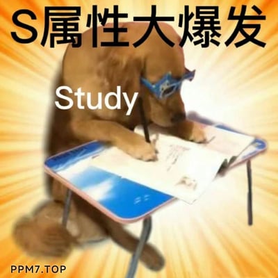这是一张趣味十足的拟人化学习主题表情包，画面核心是一只戴着蓝色卡通眼镜的棕色小狗，它趴在带有蓝色边框的小型书桌上，两只前爪模仿人类握笔书写的动作，低头专注于桌上的纸张，神态认真。图片背景为放射状的橙黄色光线，强化了“爆发”的视觉效果。画面上方配有醒目的黑色大字“S属性大爆发”，小狗身体旁标注白色英文“Study”，玩了谐音梗：将原本在网络语境中常指代支配型性格属性的“S属性”，替换为“Study（学习）”的首字母，以此幽默地表达出要全力投入学习的决心与状态。图片左下角带有“PPM7.TOP”的水印，整体风格诙谐可爱，用动物拟人化的场景消解了学习的枯燥感，适合作为学习打卡、自我激励的趣味配图在社交平台分享。
