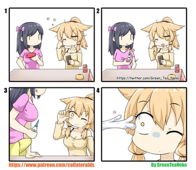这是一组四格漫画，展示了两个少女的互动场景。第一格中，黑发少女手持红色手机，猫耳少女手持黑色手机，桌上放着饮料罐和面包，猫耳少女正在思考。第二格中，黑发少女换成了手持喷雾瓶，表情变得开心。第三格中，黑发少女弯腰靠近猫耳少女，准备使用喷雾瓶。第四格是猫耳少女的特写，眼睛被喷雾后睁大流泪，表情惊讶。整个漫画通过简单的画面和表情变化展现了一个有趣的小插曲。