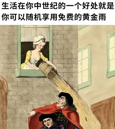 这是一张以中世纪生活为主题的幽默梗图。图片上方配有文字“生活在你中世纪的一个好处就是你可以随机享用免费的黄金雨”，下方是一幅中世纪风格的插画：一名身着黄色连衣裙、头戴白色软帽的女性正从石砌建筑的窗口探出身子，将木桶中的黄色液体向下倾倒；下方一名身披红色斗篷、头戴黑色帽子的男性仰头望去，液体正浇在他的头上。图中“黄金雨”是对中世纪城市卫生条件恶劣、居民从窗口倾倒排泄物这一历史现象的戏谑性比喻，通过夸张的“免费福利”说法制造反差笑点。