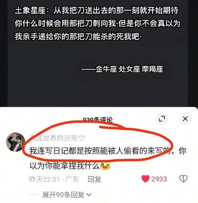 图片分为上下两部分：上半部分为黑色背景的文字内容，描述土象星座（金牛座、处女座、摩羯座）的心理：“从我把刀送出去的那一刻就开始期待你什么时候会用那把刀刺向我.但是你不会真以为我亲手递给你的那把刀能杀的死我吧.”；下半部分是社交媒体评论区截图，显示一条用户“海底世界的贝壳”发布的评论：“我连写日记都是按照能被人偷看的来写的，你以为你能拿捏我什么😜”，该评论被红色圆圈高亮标注，点赞数为2933，发布时间为“昨天22:31”，地点显示“广东”。整体通过文字和评论区互动，展现对土象星座性格特质的调侃与延伸解读。