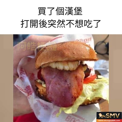 图片上方有文字'买了个汉堡 打开后突然不想吃了'，下方是一个汉堡的特写。这个汉堡被创意性地修改，面包中间夹着的食材看起来像一排牙齿和一条伸出的舌头，形成了一个类似人脸嘴巴的视觉效果，让人看了觉得滑稽又有点不适，从而理解为什么'突然不想吃了'。