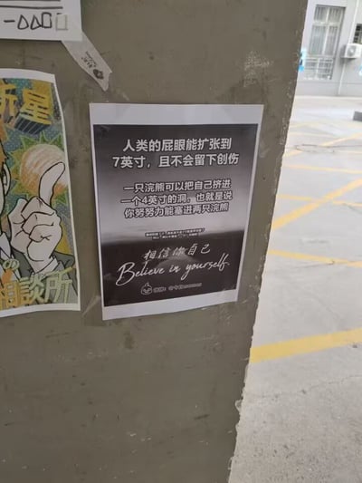 这是一张张贴在室外墙面的恶搞励志海报，海报以一本正经的励志排版，先抛出离谱的冷知识：“人类的屁眼能扩张到7英寸，且不会留下创伤”，接着衔接浣熊能挤进4英寸洞的内容，得出“你努努力能塞进两只浣熊”的荒诞结论，最后配上“相信你自己 Believe in yourself”的鸡汤文字，用反差感制造荒诞搞笑的效果，让人啼笑皆非。
