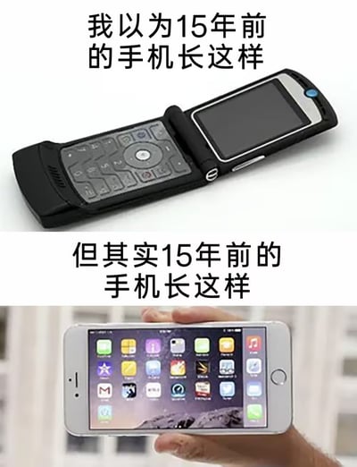 这是一张上下拼接的对比梗图，通过反差呈现大众对15年前手机的刻板印象：上半部分配文“我以为15年前的手机长这样”，展示的是一款带有实体按键键盘的双屏翻盖智能手机，是大众印象里早年功能手机的典型样子；下半部分配文“但其实15年前的手机长这样”，展示了一只手拿着的初代全触屏智能手机，样式已经和现代智能手机非常接近，意在说明其实早在15年前（约2008年前后）现代样式的全触屏智能手机就已经推出，打破了大家对早年手机的固有印象。