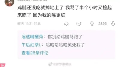 这是一张来自微博平台的社交媒体截图，截图中的动态发布于标注的“昨天11:31”，地点显示为河北，该动态获得了2895个点赞。动态内容是发布者的自嘲式吐槽：鸡腿还没吃就掉在了地上，自己骂了半个小时之后还是把鸡腿捡起来吃了，给出的理由是“我的嘴更脏”，用这种夸张且无厘头的自嘲方式制造搞笑效果。动态下方有两条网友评论，一条调侃发布者“你别给鸡腿骂跑了”，另一条则直白表示被这个内容逗笑。截图底部带有微博用户@鲜芋椰椰冰的水印，表明该内容的传播来源。