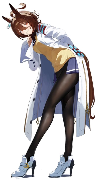 这是一幅《赛马娘 Pretty Derby》的角色爱丽速子的同人插画，角色有着标志性的棕色马耳和长马尾，身穿白色长款研究员外套，内搭黄色针织上衣与深蓝色短裙，下身搭配黑色亮面丝袜和白色高跟短靴，外套后侧还挂着几支蓝色试管。她身体前倾，单手放在嘴边做出噤声的动作，脸上带着狡黠的微笑，姿态俏皮又透着科研人员的神秘感，画面为透明背景的精致立绘，画风细腻柔和。