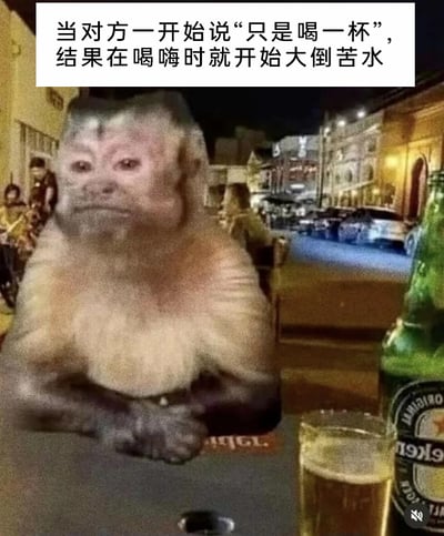 这是一张图文混排的静态单图，画面主体是一只经过拟人化处理的猴子，它坐在夜晚户外酒吧的桌前，眉头微皱、愁容满面，双手交叠放在桌上，面前摆着一杯啤酒和一瓶喜力啤酒，背景是灯光亮起的夜晚街道与店铺，还有模糊的行人身影。图片上方配有文字“当对方一开始说‘只是喝一杯’，结果在喝嗨时就开始大倒苦水”，用这只苦闷猴子的形象，生动调侃了现实中十分常见的酒局场景：原本约定只是简单小酌一杯，结果喝到兴起后，就开始向身边人倾诉自己的烦心事与苦闷情绪，这种内容十分贴合大众的日常经历，很容易引发共鸣，将酒局里从轻松浅酌到愁闷诉苦的转变用拟人化的动物形象直观展现出来。