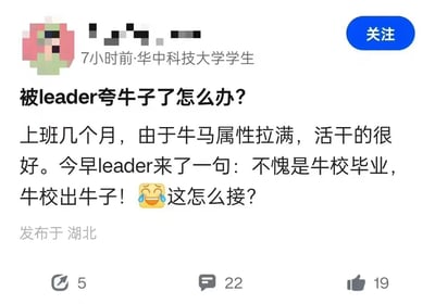 这是一张社交媒体截图，显示了一位华中科技大学学生发布的求助帖。帖子标题为“被leader夸牛子了怎么办?”，内容描述自己工作几个月来非常勤奋（用“牛马属性拉满”形容），工作表现良好，结果今天早上领导说了一句“不愧是牛校毕业，牛校出牛子！”，让他感到困惑，不知道该如何回应。帖子下方显示有5次转发、22条评论和19个点赞。