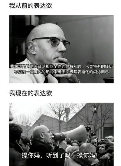 这是一张上下对比图，通过两张黑白照片对比了"从前的表达欲"和"现在的表达欲"。上图中一位戴眼镜的秃头男子做出沉思状，配文是深奥的哲学表述："我们想做的是去证明那些个体的、特别的、人类特有的经历不过是一些庞大的形式系统下面极其表面化的闪烁而已"。下图中同一位男子在人群中手持喇叭大喊："操你妈，听到了吗，操你妈！"，形成了从深奥哲学思考到粗俗直接表达的强烈反差，用幽默方式展现了表达欲的变化。