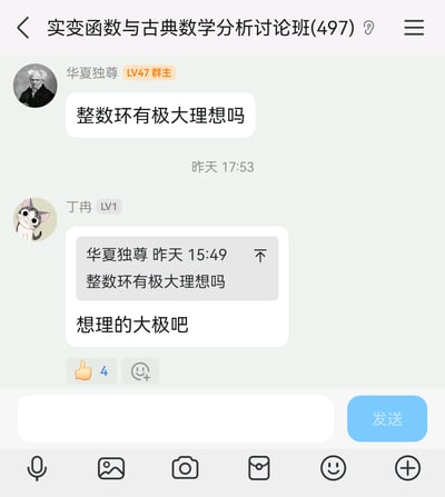 这是一张名为「实变函数与古典数学分析讨论班」的微信群聊天截图，群主华夏独尊在群内提问代数问题「整数环有极大理想吗」，群成员丁冉回复时将问题中的「极大理想」打错成「理想的大极」，形成了打字失误的搞笑效果。
补充数学解答：整数环ℤ是主理想整环，它的极大理想是所有由素数p生成的理想(p)，因为商环ℤ/(p)是域，而域对应的理想就是极大理想，所以整数环是存在极大理想的。