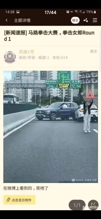 这是一则论坛帖子截图，楼主将高架道路上车辆剐蹭后，女子举三角警示牌的场景，调侃成“马路拳击大赛，拳击女郎Round1”，把放置警示标识的动作类比为拳击比赛里举牌女郎的动作，玩梗趣味拉满，让人忍俊不禁。
没有双关或谐音梗，是通过动作类比制造搞笑效果。