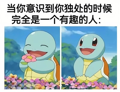 图片上方配有文字“当你意识到你独处的时候完全是一个有趣的人：”，下方分为左右两个相同场景的卡通画面。左侧画面中，杰尼龟闭着眼睛，嘴角上扬，正将一朵粉色花朵放在嘴边，露出开心满足的微笑；右侧画面中，杰尼龟睁大眼睛，嘴巴张开呈大笑状，双手交叠在胸前，显得兴奋又惊喜。背景是蓝天白云和色彩鲜艳的花丛，整体氛围轻松愉悦，通过杰尼龟前后表情和动作的对比，幽默地展现了独处时人们放松自在、展现真实有趣一面的状态。