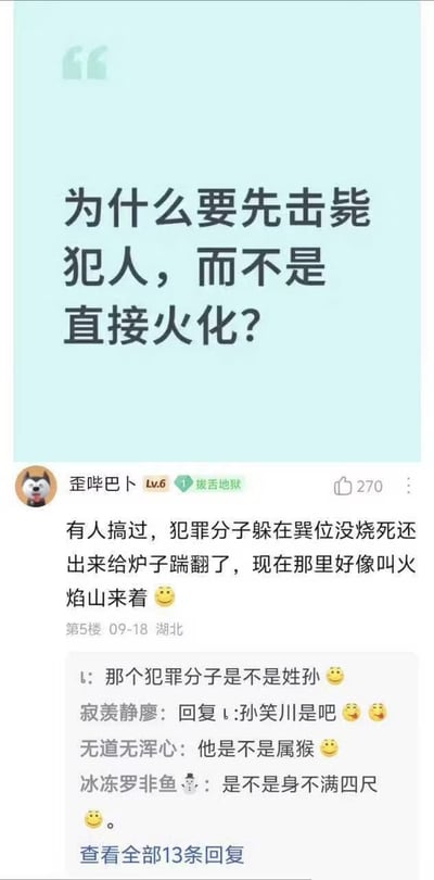 这是一张社交媒体截图，展示了一个幽默问答场景。主标题提出问题："为什么要先击毙犯人，而不是直接火化？" 下方有用户"歪哔巴卜"的搞笑回答，称有人尝试过直接火化，但犯罪分子躲在巽位没被烧死，反而出来踹翻了炉子，现在那个地方叫火焰山。后续评论继续玩梗，暗示这个犯罪分子可能姓孙、属猴、身不满四尺，明显影射《西游记》中的孙悟空。